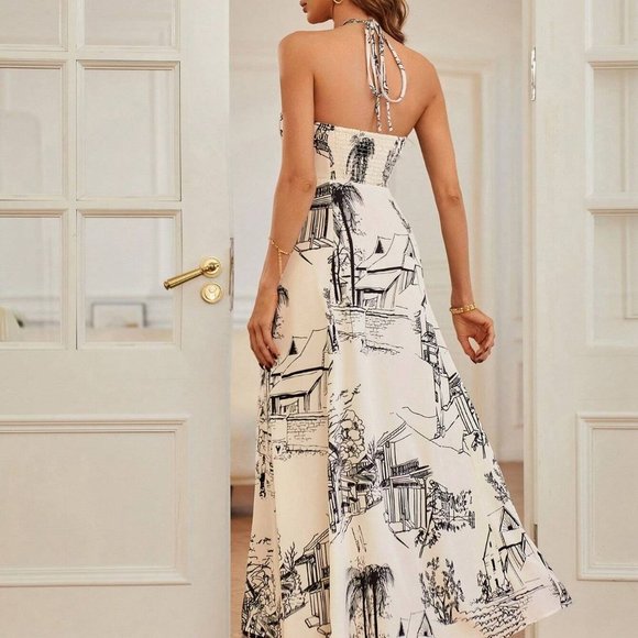 Chic and Fun Landscape Print Tie Backless Halter Maxi Dress - Picture 2 of 5